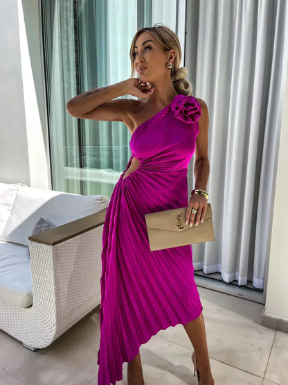 Women’s One Shoulder Pleated Midi Dress with Flower Detail