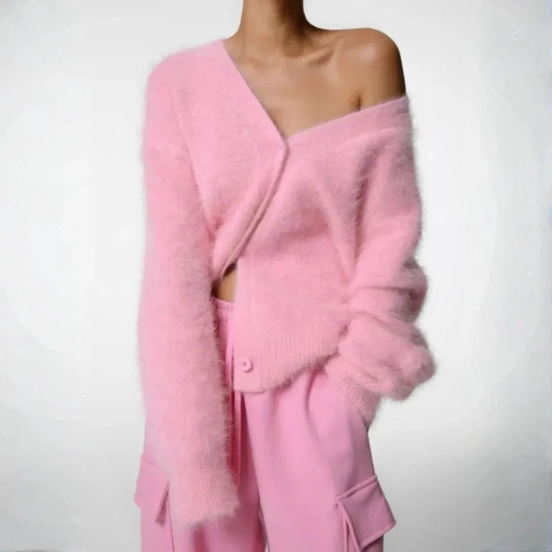 Women’s Oversized Fluffy Knit Cardigan with Button Closure and V-Neck