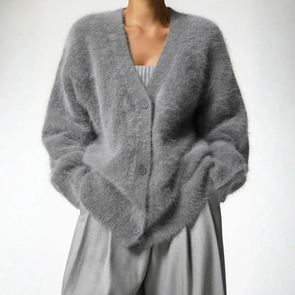 Women’s Oversized Fluffy Knit Cardigan with Button Closure and V-Neck