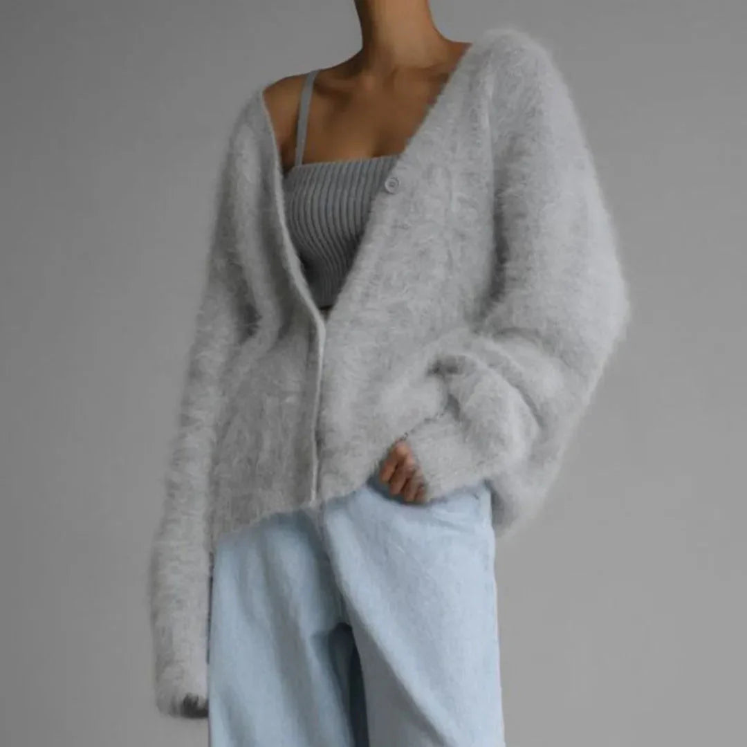 Women’s Oversized Fluffy Knit Cardigan with Button Closure and V-Neck