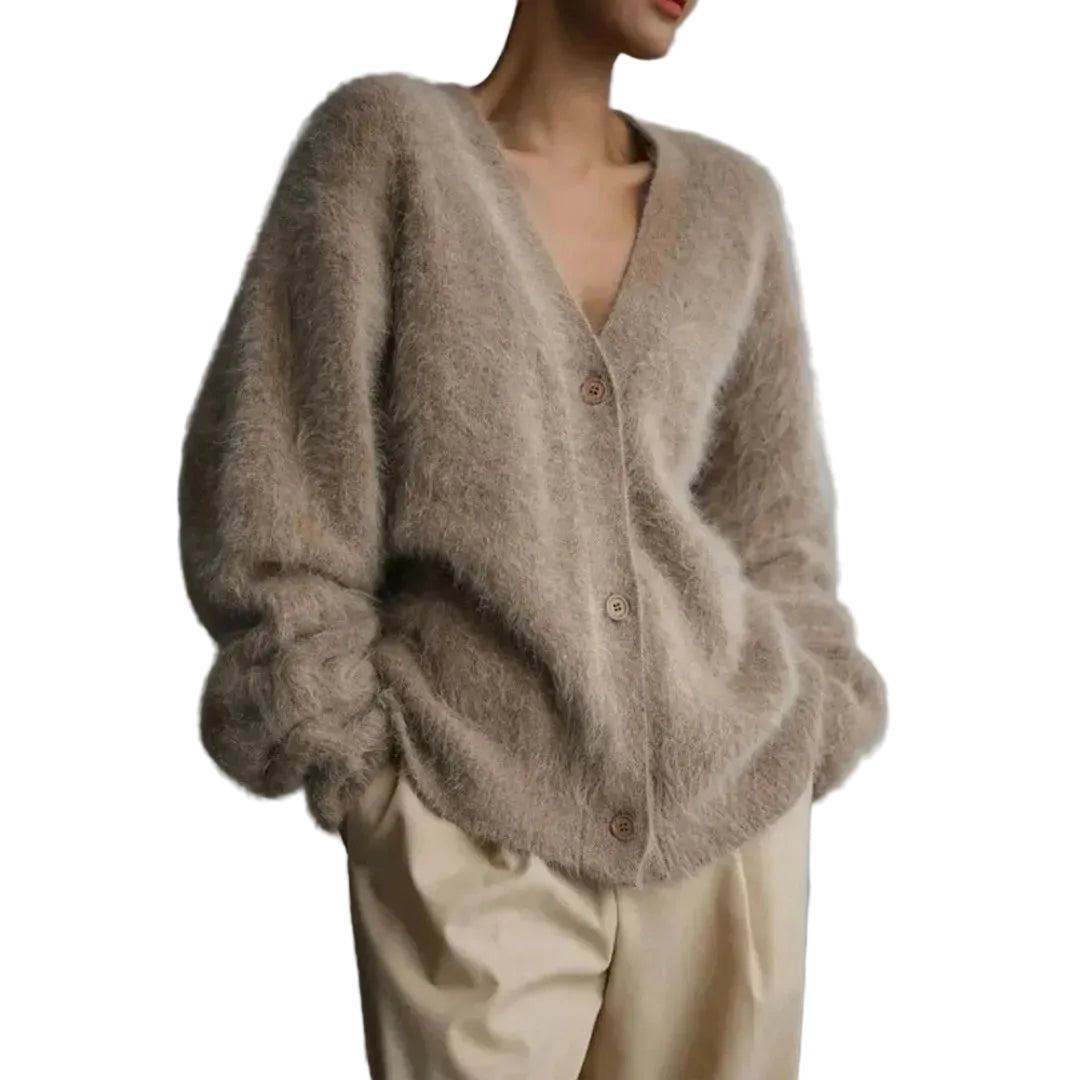 Women’s Oversized Fluffy Knit Cardigan with Button Closure and V-Neck