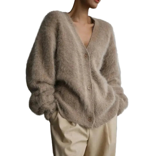 Women’s Oversized Fluffy Knit Cardigan with Button Closure and V-Neck