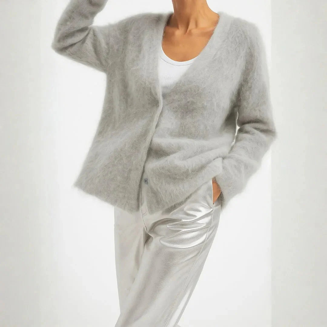 Women’s Oversized Fluffy Knit Cardigan with Button Closure and V-Neck