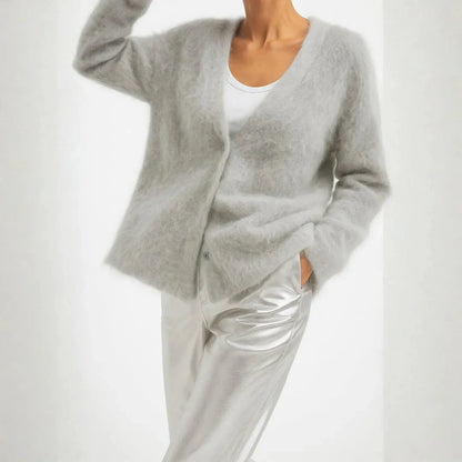 Women’s Oversized Fluffy Knit Cardigan with Button Closure and V-Neck