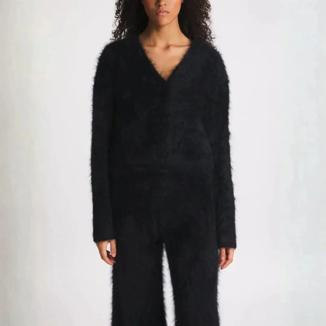 Women’s Oversized Fluffy Knit Cardigan with Button Closure and V-Neck