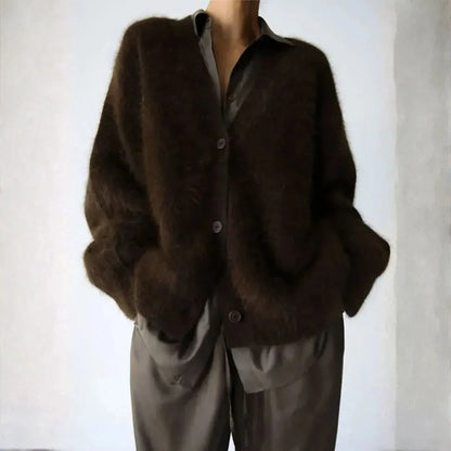 Women’s Oversized Fluffy Knit Cardigan with Button Closure and V-Neck