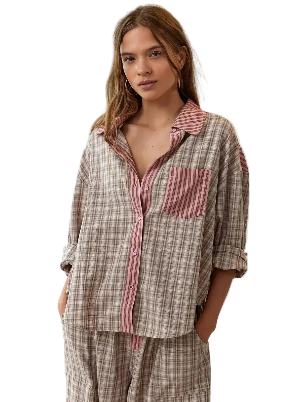 Women’s Patchwork Stripe Shirt and Pants Set
