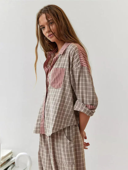 Women’s Patchwork Stripe Shirt and Pants Set