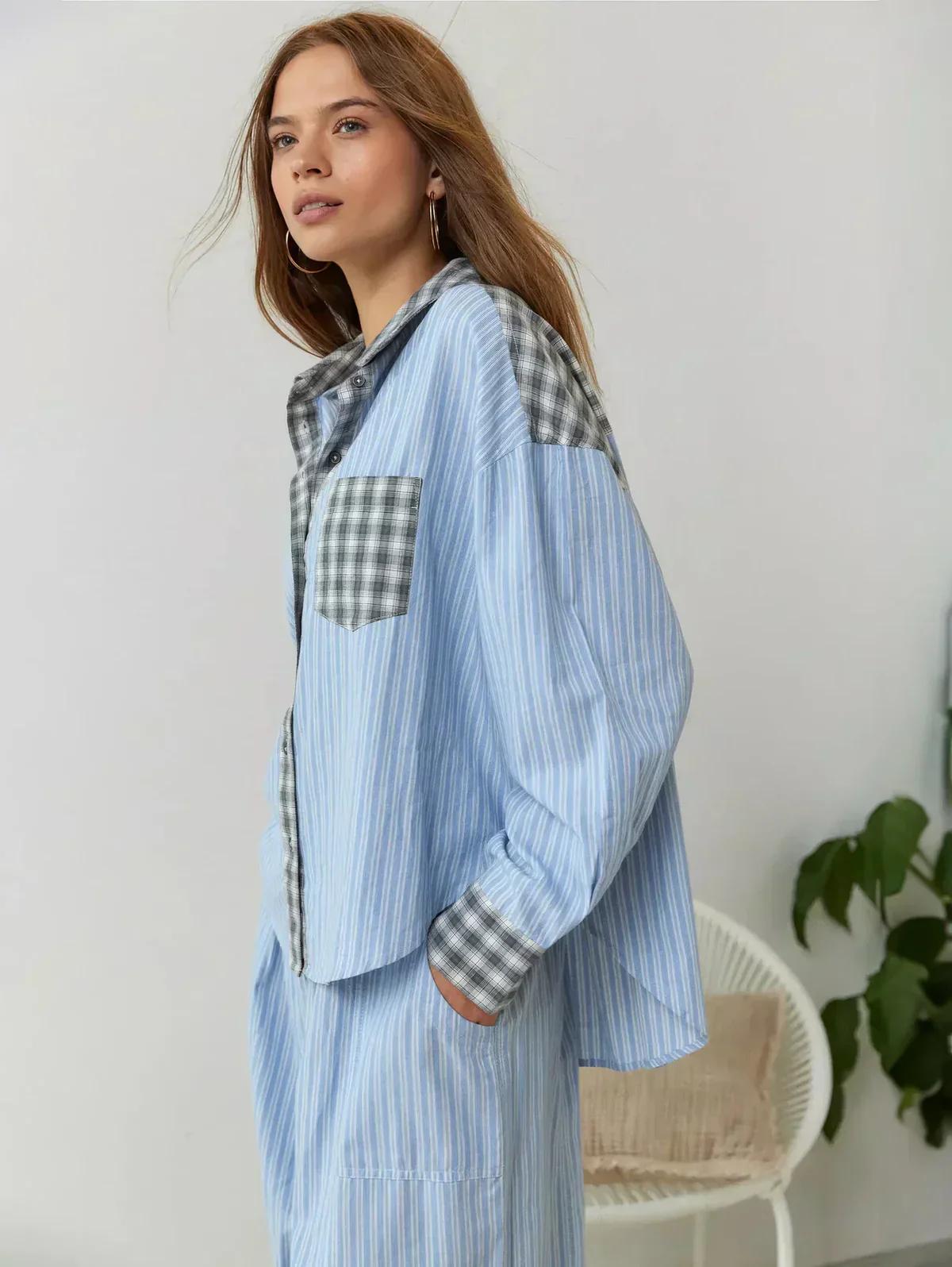Women’s Patchwork Stripe Shirt and Pants Set