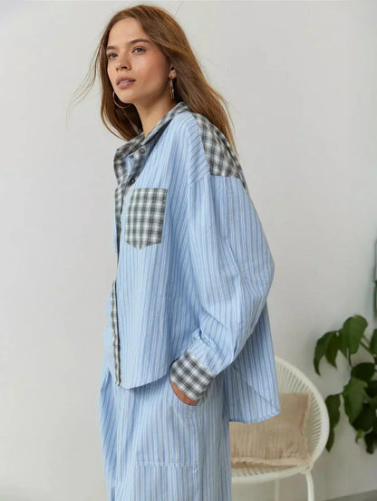 Women’s Patchwork Stripe Shirt and Pants Set