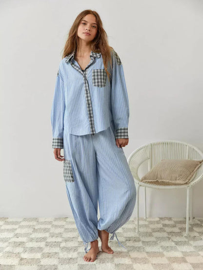 Women’s Patchwork Stripe Shirt and Pants Set