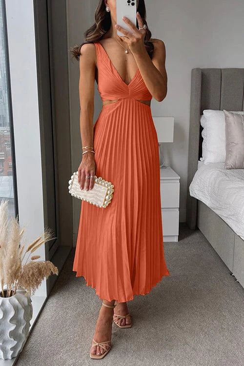 Women’s Pleated Cutout Waist Maxi Dress