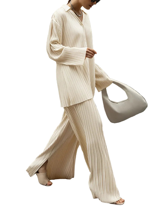 Women’s Relaxed Pleated Shirt and Wide Leg Pants Set