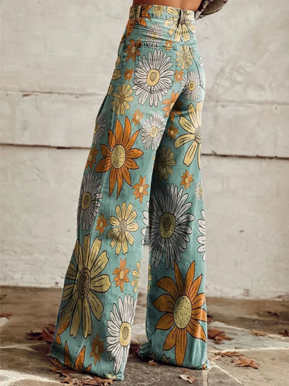 Women’s Retro Floral Wide-Leg Jeans