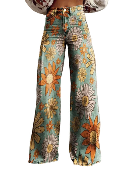 Women’s Retro Floral Wide-Leg Jeans