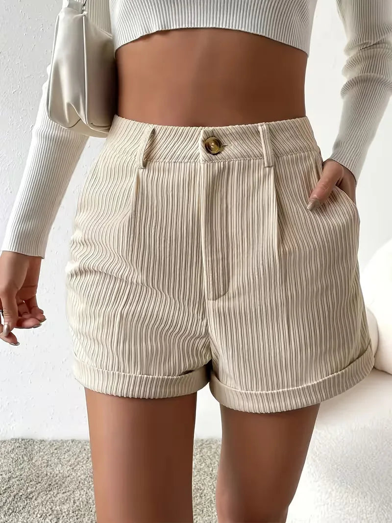 Women's High Waist Ribbed Shorts with Button Detail