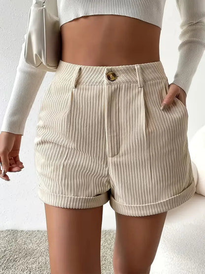 Women's High Waist Ribbed Shorts with Button Detail