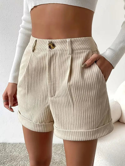 Women's High Waist Ribbed Shorts with Button Detail