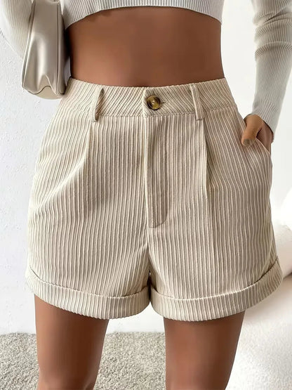 Women's High Waist Ribbed Shorts with Button Detail