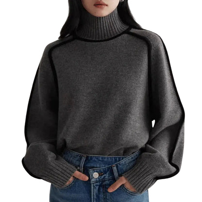 Women’s Ribbed Turtleneck Contrast-Trim Sweater