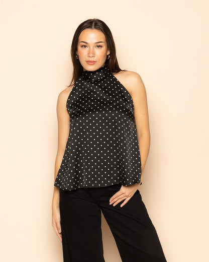 Women's Satin Polka Dot Halter Top Black