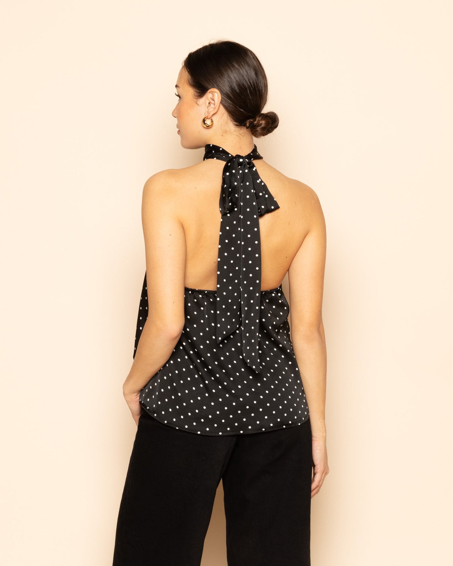 Women's Satin Polka Dot Halter Top Black