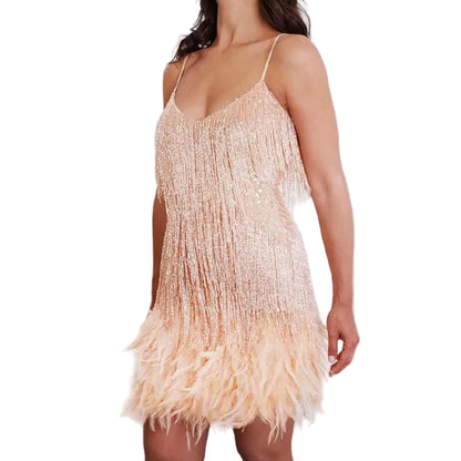 Women’s Sequin Feather Hem Mini Dress