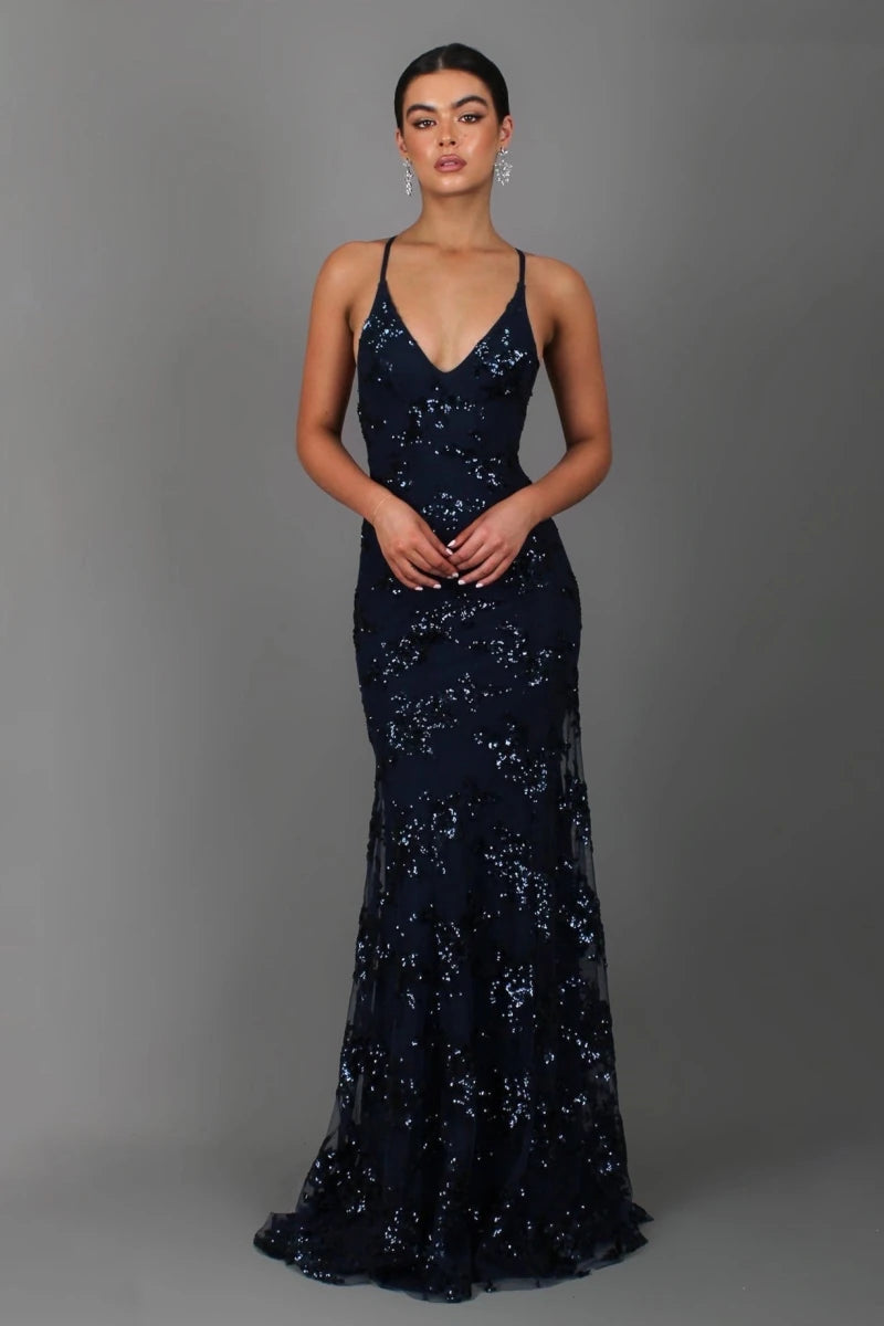 Women's Sequin Embroidered Spaghetti Strap Maxi Evening Dress