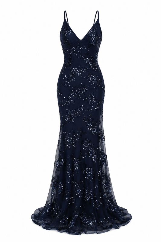 Women's Sequin Embroidered Spaghetti Strap Maxi Evening Dress