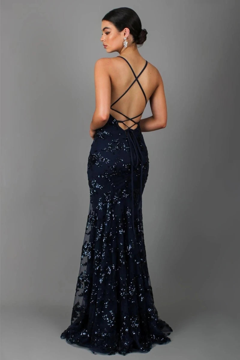 Women's Sequin Embroidered Spaghetti Strap Maxi Evening Dress