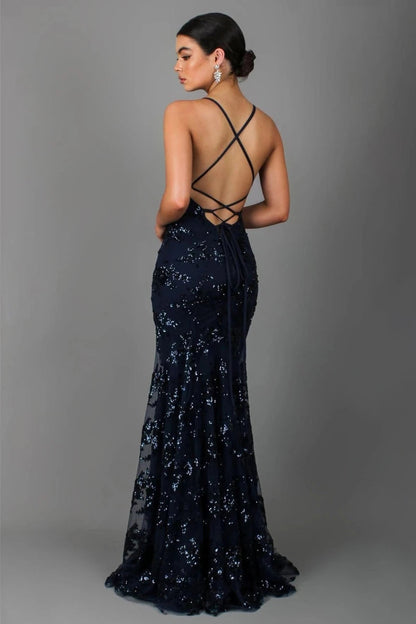 Women's Sequin Embroidered Spaghetti Strap Maxi Evening Dress