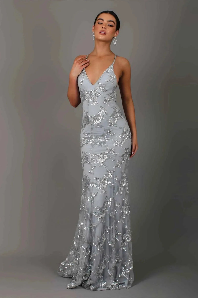 Women's Sequin Embroidered Spaghetti Strap Maxi Evening Dress