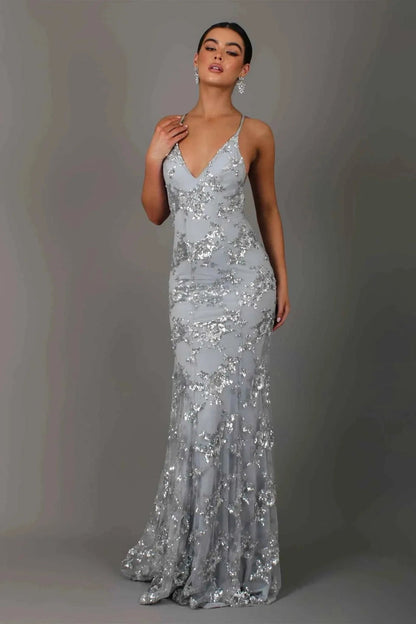 Women's Sequin Embroidered Spaghetti Strap Maxi Evening Dress