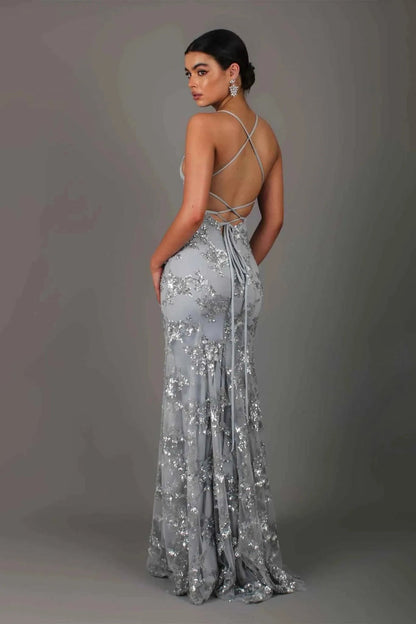 Women's Sequin Embroidered Spaghetti Strap Maxi Evening Dress