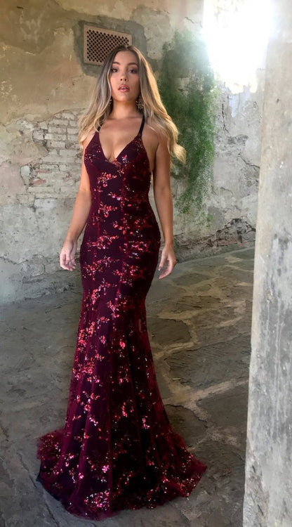 Women's Sequin Embroidered Spaghetti Strap Maxi Evening Dress