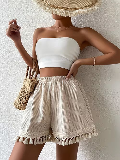Women's High Waist Shorts with Fringe and Lace Trim