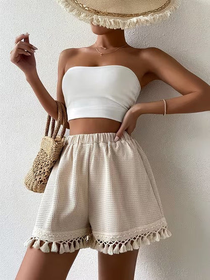 Women's High Waist Shorts with Fringe and Lace Trim