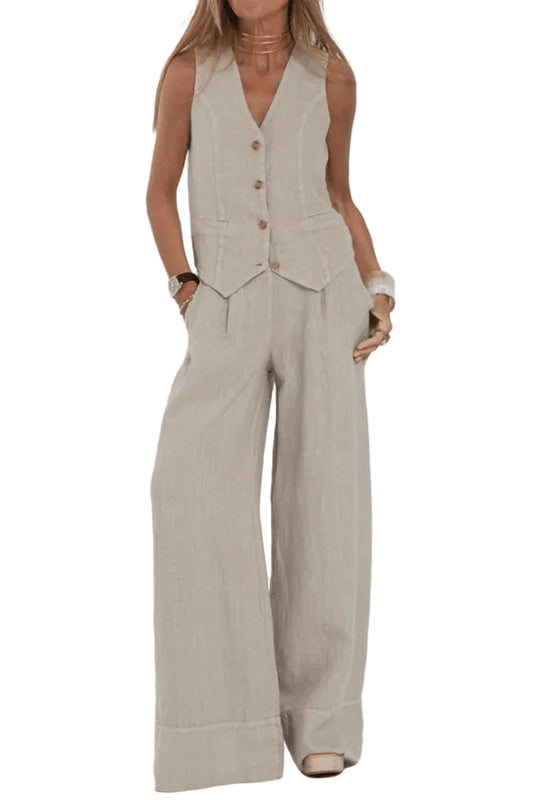 Women’s Sleeveless Button Vest and Wide Leg Pants Set