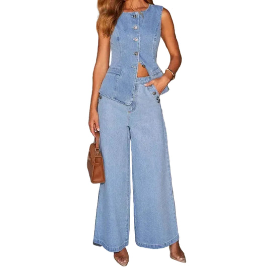 Women’s Sleeveless Denim Vest and Wide Leg Pants Set