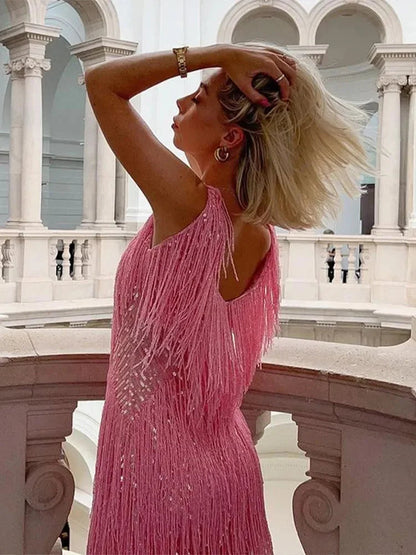 Women's Sleeveless Shiny Fringe Mini Cocktail Dress