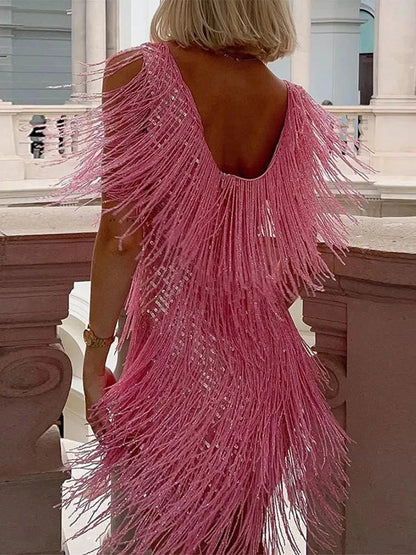 Women's Sleeveless Shiny Fringe Mini Cocktail Dress