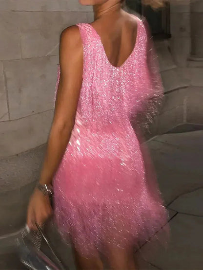 Women's Sleeveless Shiny Fringe Mini Cocktail Dress