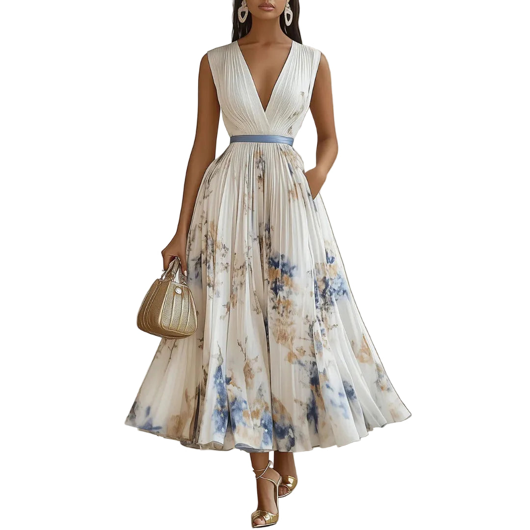 Women’s Sleeveless V Neck Pleated Midi Dress with Belt