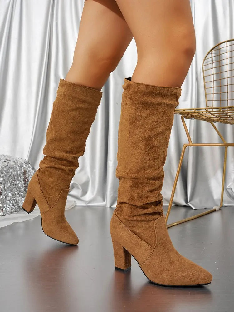 Women's Slouchy Knee-High Pointed Toe Block Heel Boots