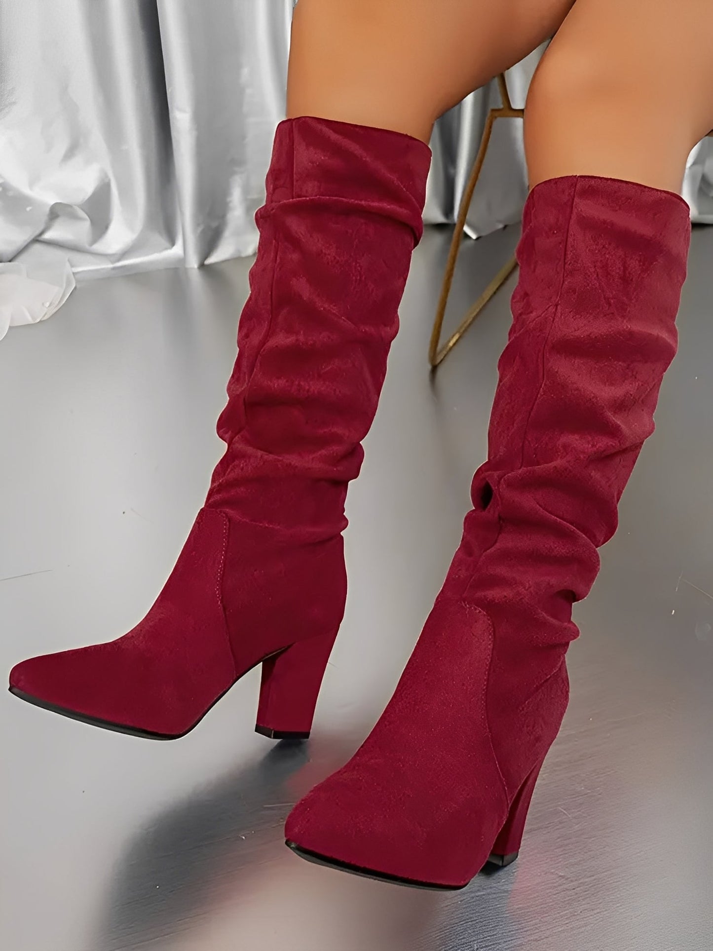Women's Slouchy Knee-High Pointed Toe Block Heel Boots