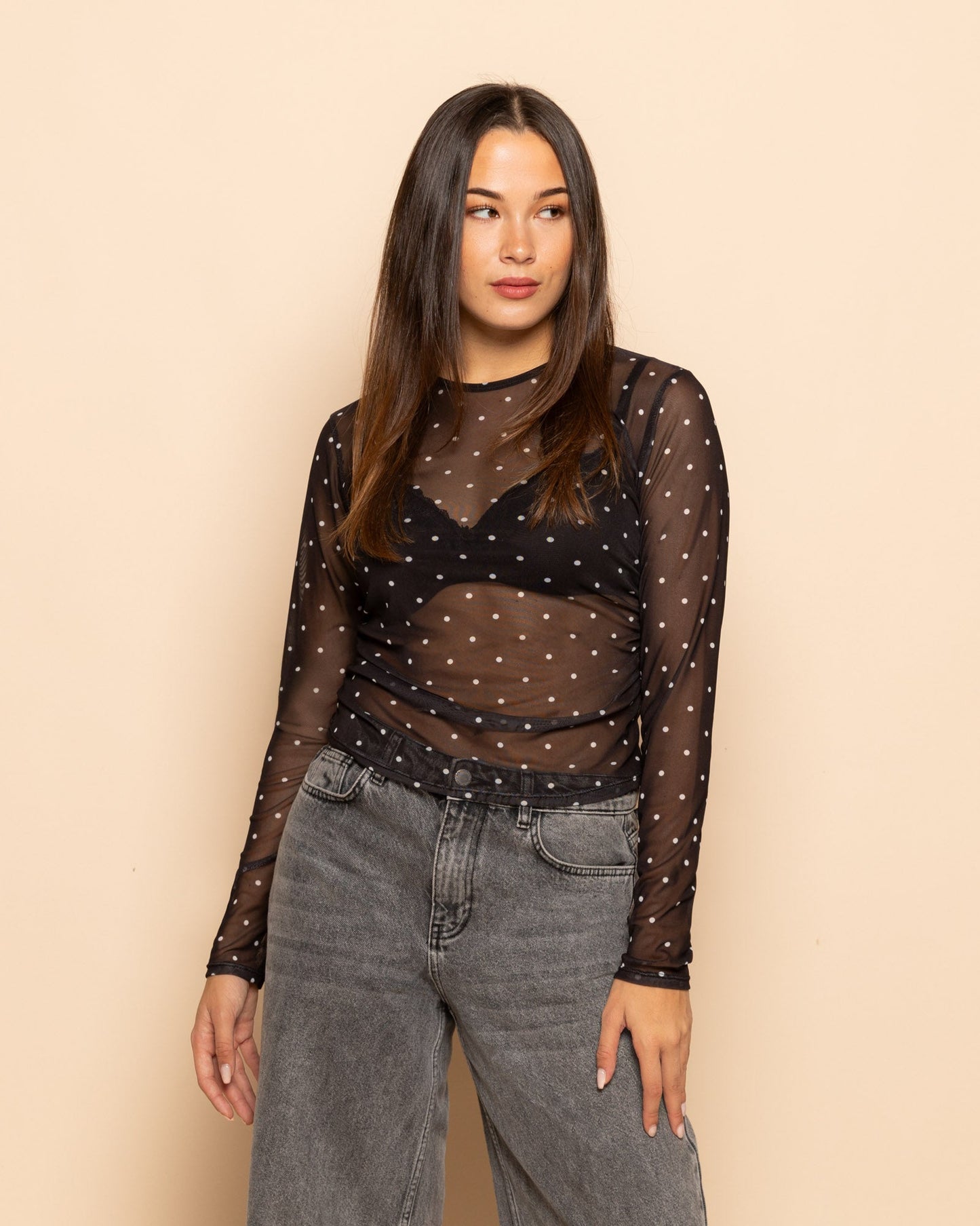 Women's Small Polka Dot Mesh Top Black