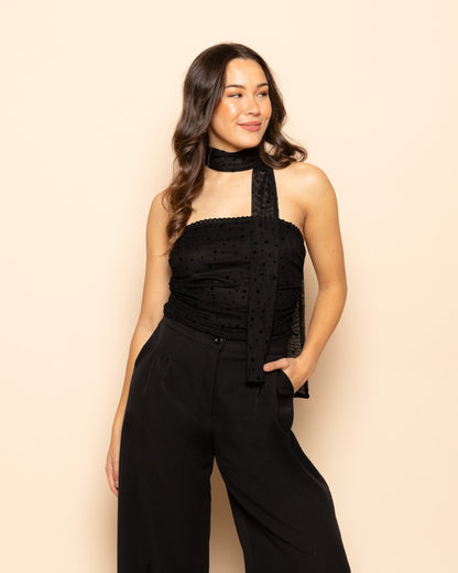 Women's Strapless Polka Dot Scarf Top Black