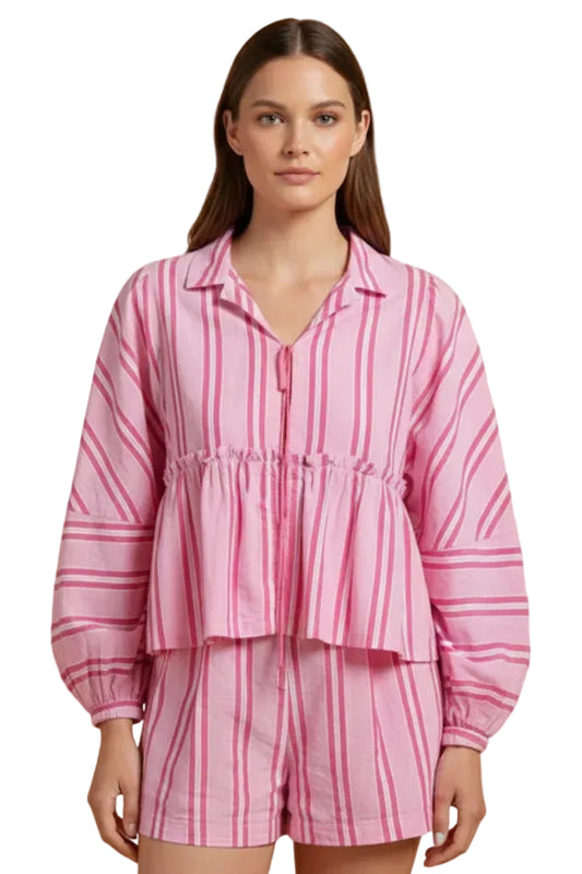 Women’s Striped Long Sleeve Shirt and Shorts Set