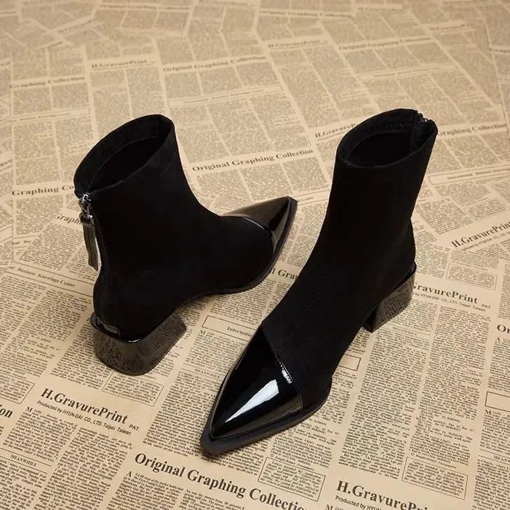 Women's Suede Ankle Boots with Patent Detail Block Heel