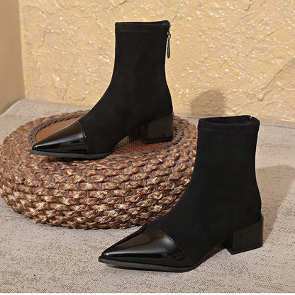 Women's Suede Ankle Boots with Patent Detail Block Heel